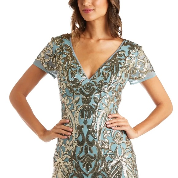 R & M Richard Long beaded Sequin Evening Slate blue/Gold Maxi Dress, sz 12 - Picture 2 of 10